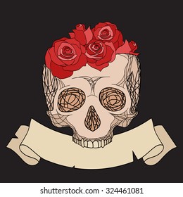 Doodle illustration of a human skull with roses and an old ribbon with a place for text for your creativity