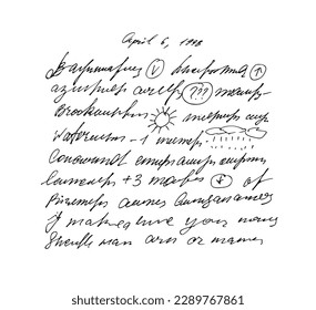 Doodle illustration of illegible text, abstract vintage background of illegible ink-written poetry.  Sweeping handwriting with crossed out words. Vector illustration of a poetic work written by a pen 