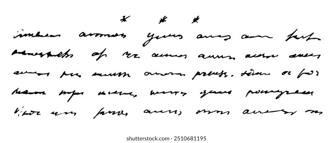 Doodle illustration of illegible text, abstract  background of illegible ink-written poetry.  Sweeping handwriting with crossed out words. Vector illustration of a poetic work written by a pen.  