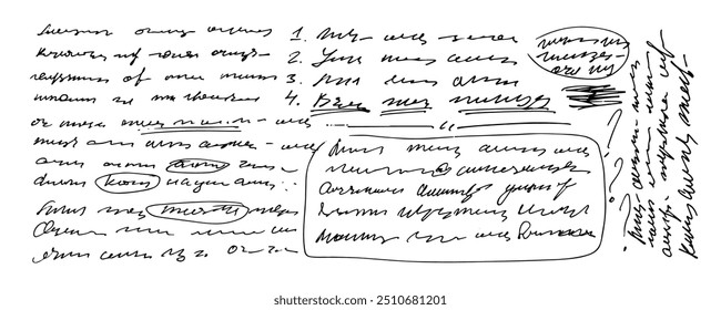 Doodle illustration of illegible text, abstract  background of illegible ink-written poetry.  Sweeping handwriting with crossed out words. Vector illustration of a poetic work written by a pen.  