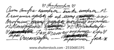 Doodle illustration of illegible text, abstract background of illegible ink-written poetry.  Sweeping handwriting with crossed out words. Vector illustration of a poetic work written by a pen.  