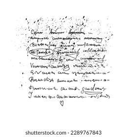 Doodle illustration of illegible text with ink stains, abstract vintage background of illegible ink-written poetry.  Sweeping handwriting with crossed out words. Vector illustration of a poetic work .