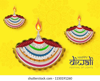 Doodle illustration of illuminated oil lamps (Diya) in paper cut style on floral ornament background for Happy Diwali Celebration.