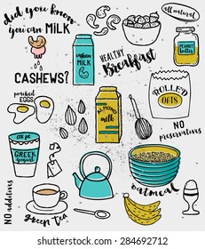 Doodle illustration of ingredients for a healthy breakfast, including rolled oats, almond and cashew milk, Greek yogurt, bananas, strawberries and green tea, hand drawn