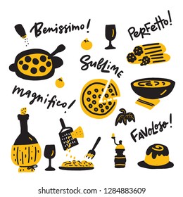 Doodle illustration of italian food and expressions of delight about tasty food. Vector design