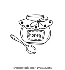 Doodle illustration of a jar of honey in vector on a white isolated background. Vector elements of a jar with a "honey" sticker, a spoon. Images can be used for decoration, stickers, and printing.


