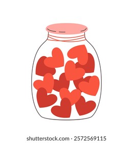 Doodle illustration of jar with red hearts. Love, charity, donation, volunteering concept. Valentines Day element design. Hand drawn vector illustration