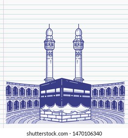 Doodle illustration of Kaaba in Mecca in ballpoint pen style.