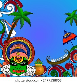 Doodle illustration of Kathakali dancer face with Worship Pot, Snake Boat and colorful floral design decorated on shiny background for South Indian festival celebration.