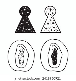 Doodle illustration of keystones and yoni with space.Vector clipart concept line isolated on white bkgr.B and W design for poster,postcard,label,sticker,t-shirt,web,print,stamp,tattoo,etc.