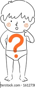 Ilustración de un niño pensando y mirando su cuerpo con un signo de interrogación. Pregunta sobre elementos del cuerpo