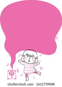 Doodle Illustration of a Kid Girl Dancing with Speaker, Music Notes and Speech Bubble for Lyrics