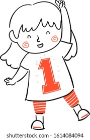 Doodle Illustration of a Kid Girl Showing Number One Gesture and Wearing a Shirt with Number One