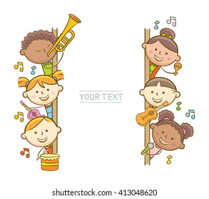 Doodle illustration: Kid musicians showing  vertical whiteboard