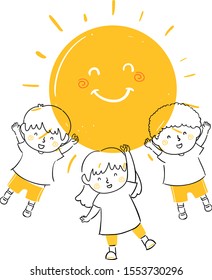 Doodle Illustration of Kids Bringing Sunshine and Waving Hello with a Sun Mascot Shining Behind Them