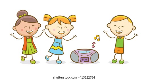 Doodle Illustration: Kids Listening To A Music And Dancing