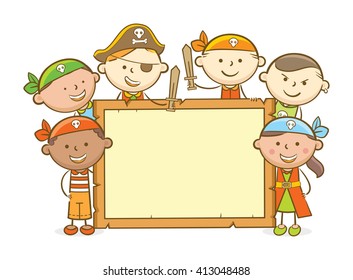 Doodle illustration: Kids role playing a pirate holding blank wooden board