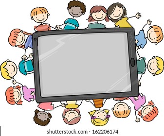 Doodle Illustration of Kids Surrounding a Large Computer Tablet