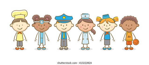 Doodle illustration: Kids in various profession costumes