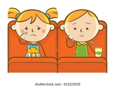 Doodle illustration: Kids watching sad romance movie in theatre