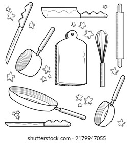 Doodle illustration of kitchenware in vector format. Hand drawn set of kitchenware icons.