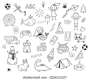 Doodle illustration of kite, whale, snowman and mermaid isolated on white background. Simbol of childhood. Line sketch set for coloring book