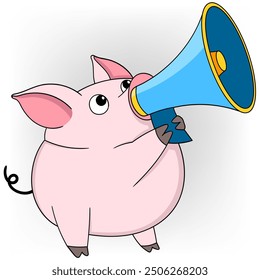 doodle illustration of the latest news, a fat pig carrying a megaphone is giving information