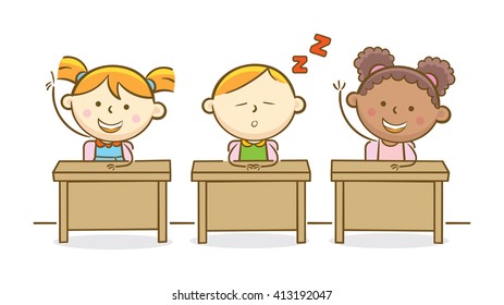 Doodle illustration: Lazy kid between active students in a class
