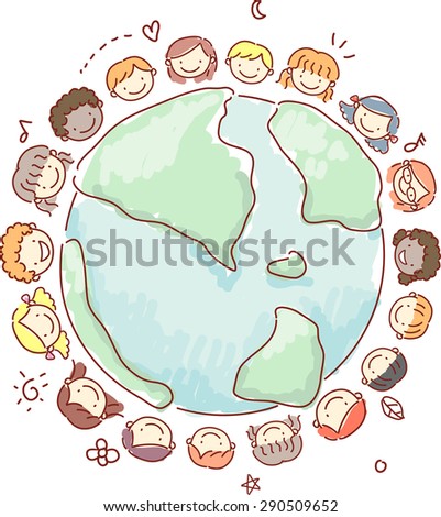 Doodle Illustration of Little Kids Surrounding the Earth