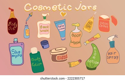 Doodle illustration with lots of skincare cosmetic jars like creams lotions and foams for body, face and hands.