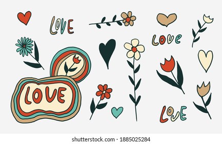 Doodle illustration of love elements. Spring season. Hand drawn simple element. St Vaentines or mothers day greeting card