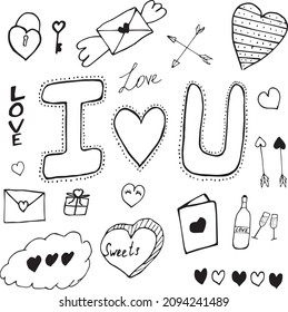 doodle illustration of a love set. doodle heart, i love you, love letter, lock heart and key, gift, champagne ai glasses, cloud with text, heart, chocolate, candy