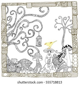 Doodle illustration of magic world with doodle trees, mushrooms, hills, leafs and bird