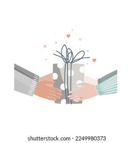 Doodle illustration of male and female hands hanging Valentine day present. Man giving gift box to a woman. Vector illustration