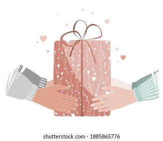 Doodle illustration of man and woman hands giving Valentine day present. Man giving gift box to a woman. Vector illustration.