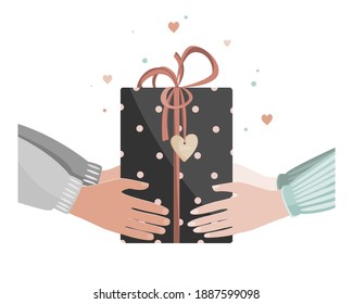 Doodle illustration of man and woman hands giving Valentine day present. Man giving gift box to a woman. Vector illustration.