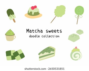 Doodle illustration of matcha sweets collection set. Isolated cartoon vector of desserts in japanese green tea flavor for menu, asset, material, clipart, design, cafe