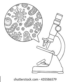 Doodle illustration microscope . Microbes under a microscope. Hand drawn microscope and microbes . Cartoon style . Vector illustration