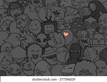 Doodle illustration of a mixed crowd of different fantastic creatures, people, aliens, monsters, animals