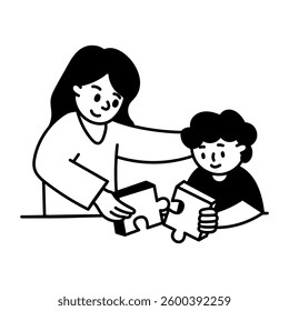 Doodle illustration of a mom and kid playing puzzle game
