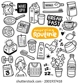 Doodle illustration of Morning routine concept and activity such as breakfast, bathing, read newspaper, making a white bread with toaster etc. Black and white line illustration.