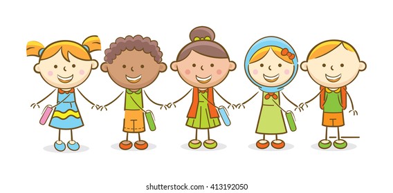 Doodle illustration: Multicultural kids going to school hand in hand