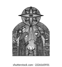 Doodle illustration. Nativity scene. Joseph and Mary with the baby Jesus, with the star of Bethlehem on top.