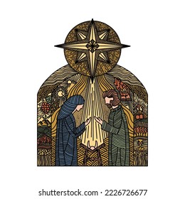 Doodle illustration. Nativity scene. Joseph and Mary with the baby Jesus, with the star of Bethlehem on top.