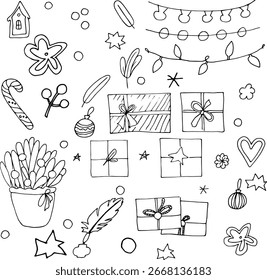 Ilustración de Doodle en tema de año nuevo en formato eps en blanco y negro