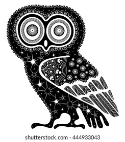 Doodle illustration on an owl. Black and white tattoo of on a white background.
 