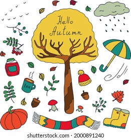 Doodle illustration on the theme of Autumn. A set of autumn themes: leaf fall, wind, warm clothes, jam and tea. Cartoon manual rendering. Vector image on a white background.