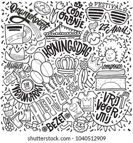 Doodle illustration on the theme of Koningsdag in the Netherlands. Combination of diverse sayings and stylized objects. Vector image. Black outline on white background,