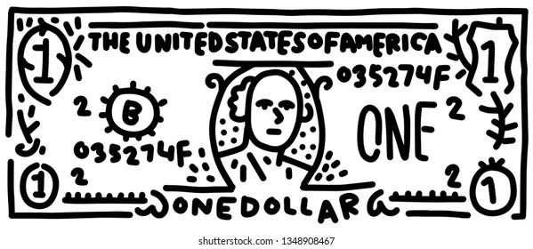 doodle illustration one dollar bill funny picture money dollar 1dollarbill onedollarbill scketch banknote