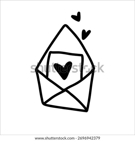 Doodle illustration of an open envelope with a love letter inside and two small hearts above. Simple hand-drawn Valentine element symbolizing romance and affection, perfect for cards, stickers, and po